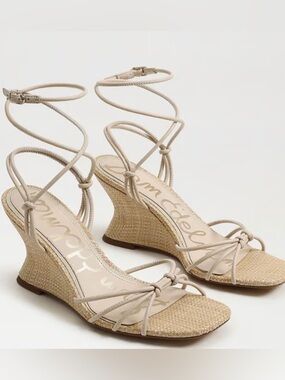 Sam Edelman Beige Strappy Wedge Sandals with Lace-Up Ankle